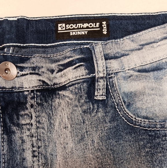 Y2K South Pole Biker Jeans Mid Rise Skinny Distressed Blue 40x34 Stripes & Paint - Picture 3 of 13